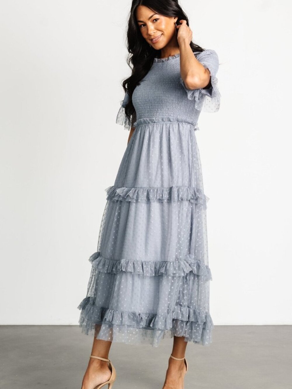 Baltic Born Lysandra Smocked Dot Dress | Dusty Slate Size MM - Picture 10 of 13